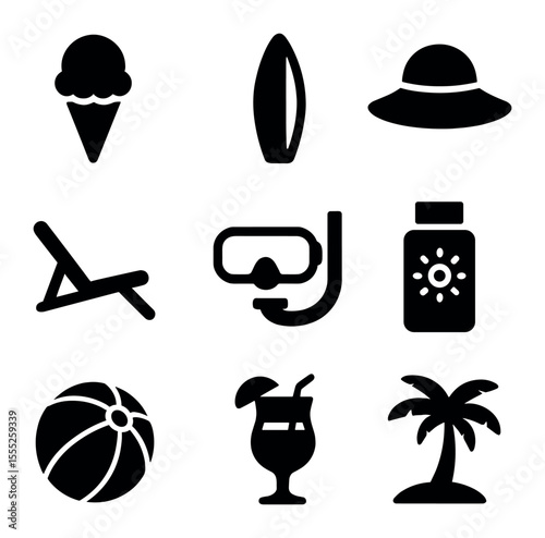 Summer Vacation Icons. Solid, filled icons set of summer vacation: ice cream, surfboard, sunhat, deck chair,