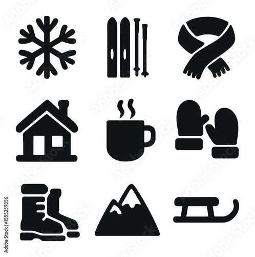 Winter Getaway Icons. Solid, filled icons set of winter getaway: snowflake, skis, scarf, cabin, hot drink,