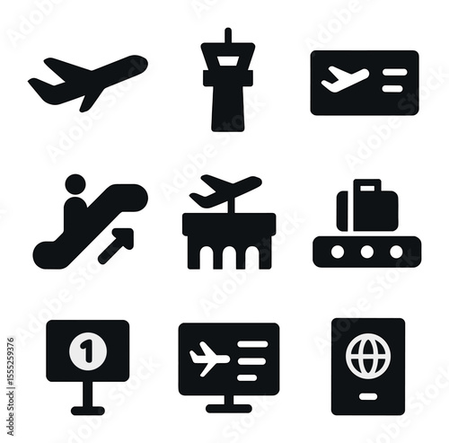 Airport Travel Icons. Solid, filled icons set of airport travel: airplane, control tower, boarding pass,