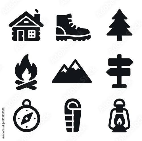 Mountain Retreat Icons. Solid, filled icons set of mountain retreats: cabin, hiking boots, pine tree, campfire