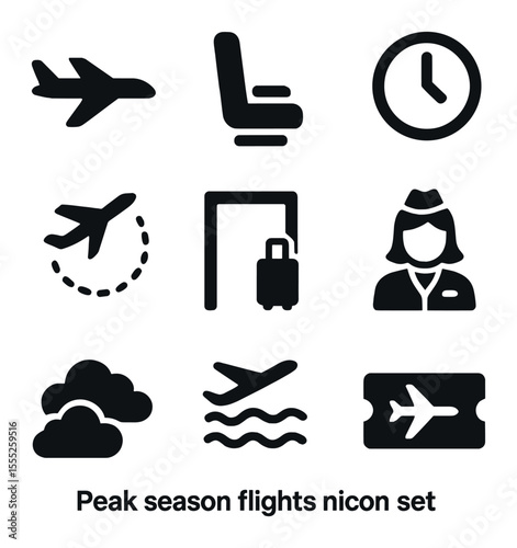 Flight Icon Grid. Solid, filled icons set of peak season flights: airplane, full seat icon, clock, sky route,