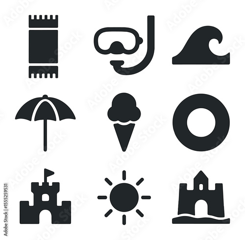 Seaside Holiday Icons. Solid, filled icons set of seaside holidays: beach towel, snorkel, wave icon, kayak,