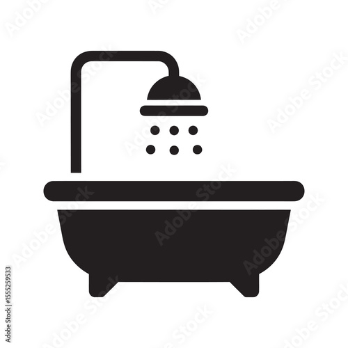 Bathtub with shower icon for bathroom and hygiene washing and cleaning in a tub with running water hotel amenity for guest relaxation vector solid glyph icon