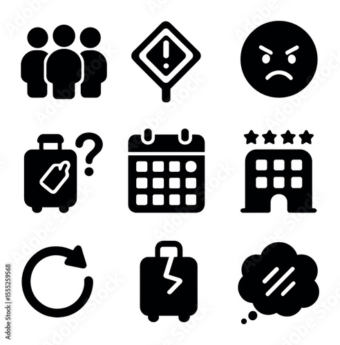 Holiday Travel Stress Icons. Solid, filled icons set of holiday travel stress: crowd icon, delay sign, angry