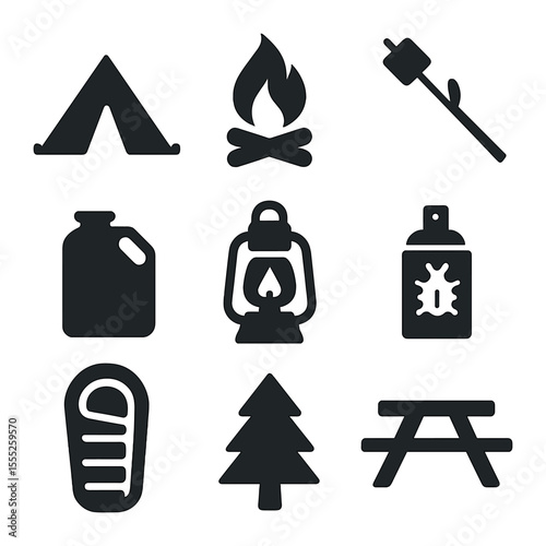 Camping Essentials Icons. Solid, filled icons set of camping vacations: tent, fire pit, marshmallow stick,