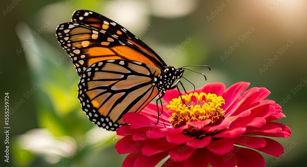 Fototapeta premium Monarch Butterfly on Zinnia Flower Vibrant Wings and Delicate Petals in a Garden Setting