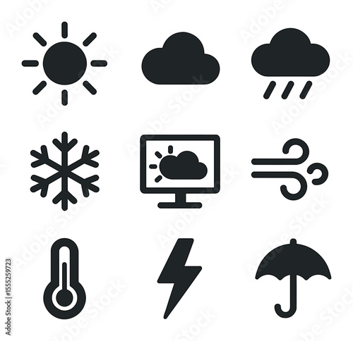 Weather Icons Grid. Solid, filled icons set of travel weather: sun icon, cloud, rain icon, snowflake, wind