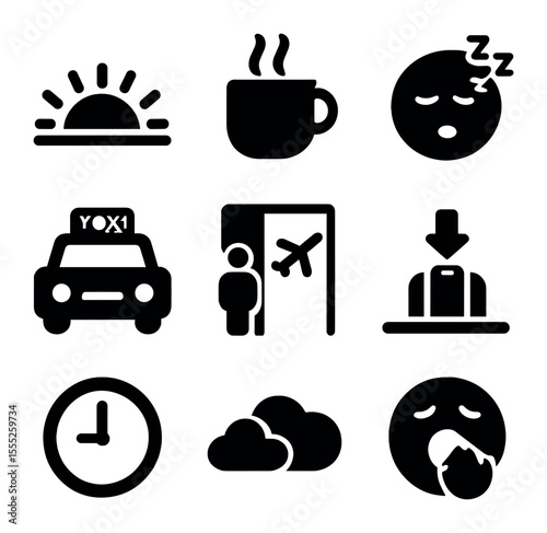 Early Morning Travel Icons. Solid, filled icons set of early morning travel: sunrise, coffee cup, sleepy emoji