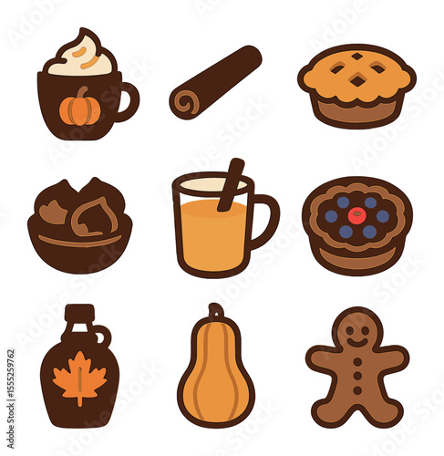 Seasonal Food Icons. Solid, filled icons set of seasonal food: pumpkin spice latte, cinnamon stick, apple pie,