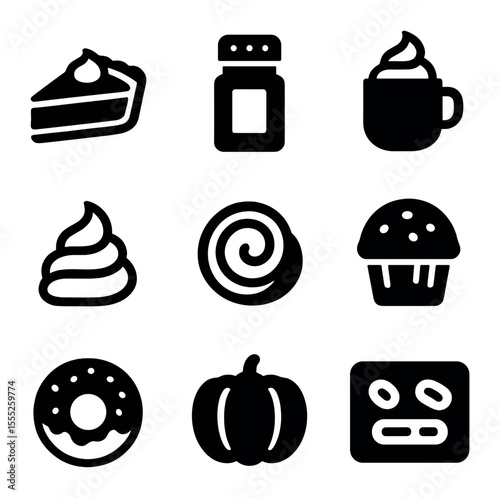 Pumpkin Spice Icons. Solid, filled icons set of pumpkin spice treats: pumpkin pie, spice jar, latte cup,