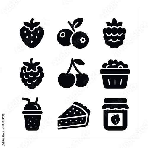 Summer Berries Icons. Solid, filled icons set of summer berries: strawberry, blueberry, raspberry, blackberry,