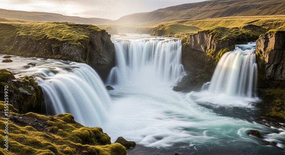 Fototapeta premium Majestic Icelandic Waterfall Breathtaking Nature Photography of cascading water, lush greenery, and dramatic cliffs.