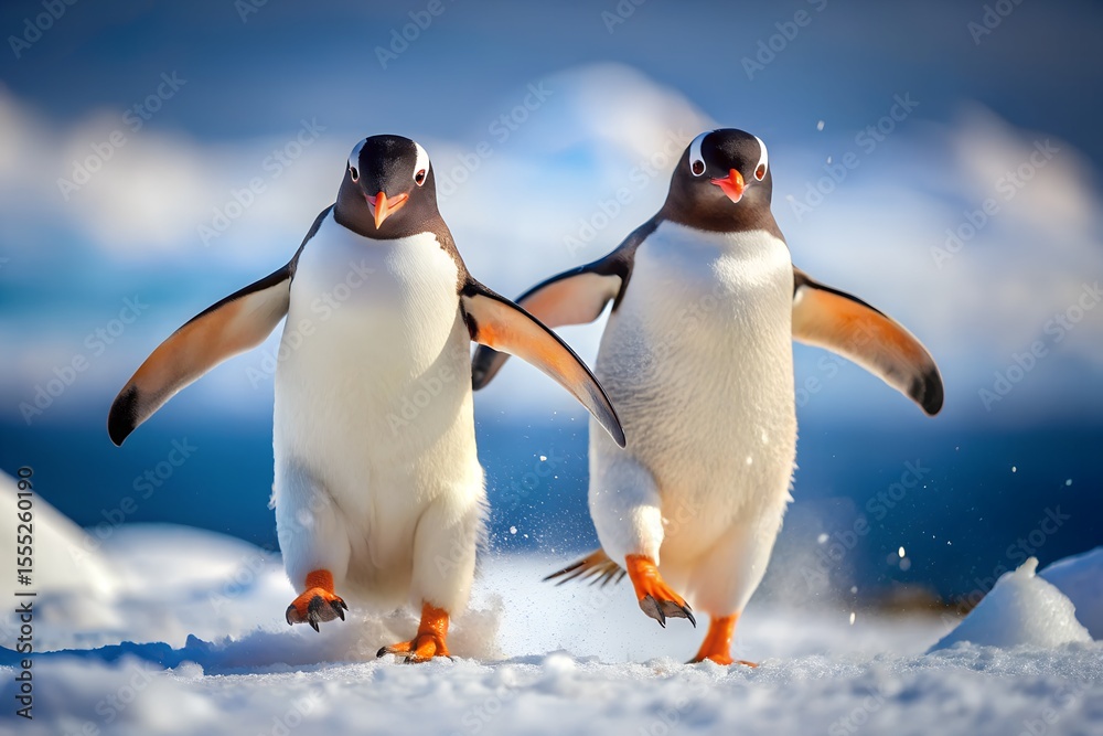 Obraz premium Two playful penguins waddle side by side across a snowy landscape, their flippers outstretched as if balancing or dancing through the fresh powder. 