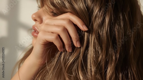 Close-up woman hand touching wavy hair natural light soft shadows calm