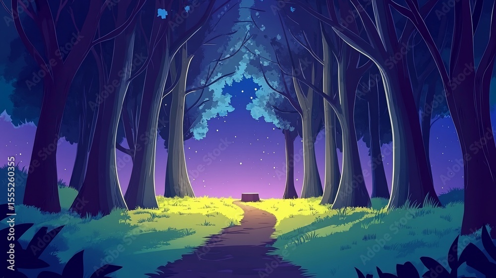 Fototapeta premium Night forest path, mystical ambiance