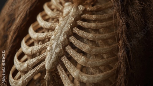 Close-up of ancient human rib cage fossil with dark brown background photo