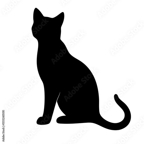 Cat silhouette vector in black sitting with curved tail on transparent background, isolated elegant pet shape

