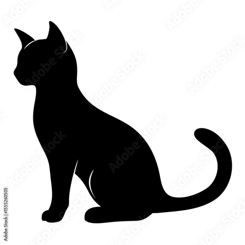 Cat silhouette vector in black sitting with curved tail on transparent background, isolated elegant pet shape

