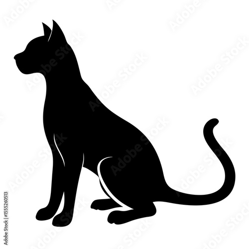 Cat silhouette vector in black sitting with curved tail on transparent background, isolated elegant pet shape

