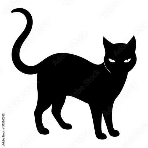 Cat silhouette vector in black sitting with curved tail on transparent background, isolated elegant pet shape


