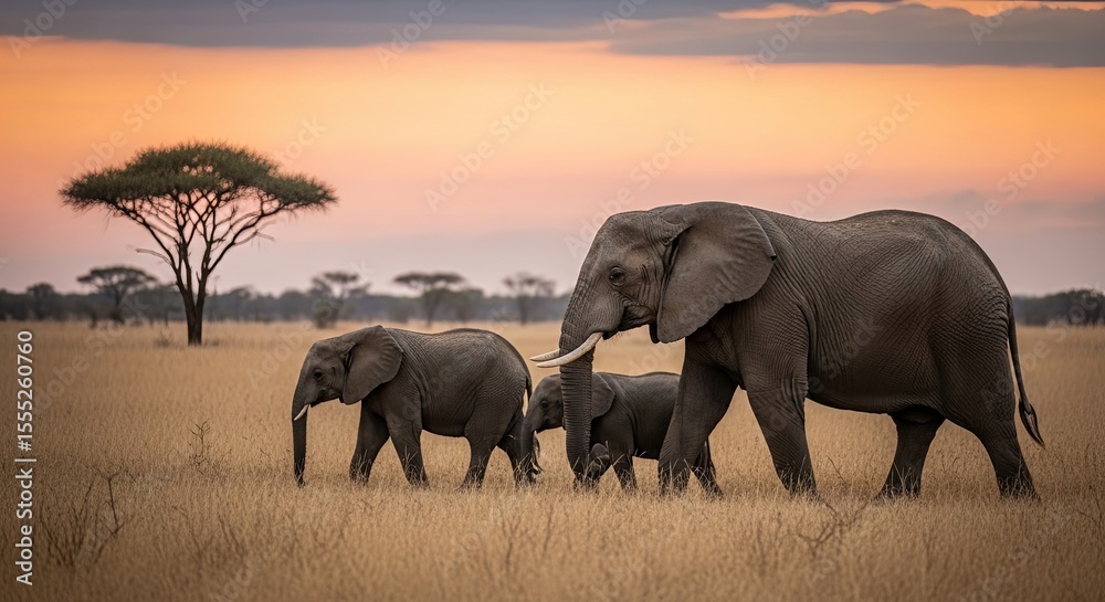 Fototapeta premium African Elephant Family at Sunset Majestic Herd in Serengeti National Park, Tanzania