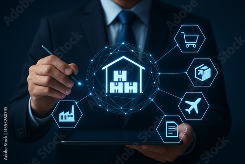 Man in suit interacting with digital logistics interface on tablet with stylus in dark background