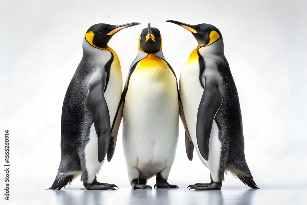 Fototapeta premium Three majestic king penguins stand together against a clean white background, their sleek black, white, and golden-yellow plumage displayed in perfect detail
