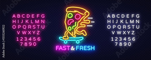 Pizza neon sign, slice on skateboard. Vector illustration with glowing text FAST FRESH and full neon alphabet on transparent dark background.