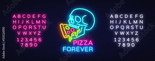 Pizza neon sign, glowing alphabet set. Vector illustration with skull eating pizza, text PIZZA FOREVER, and full neon font and numbers on dark transparent background