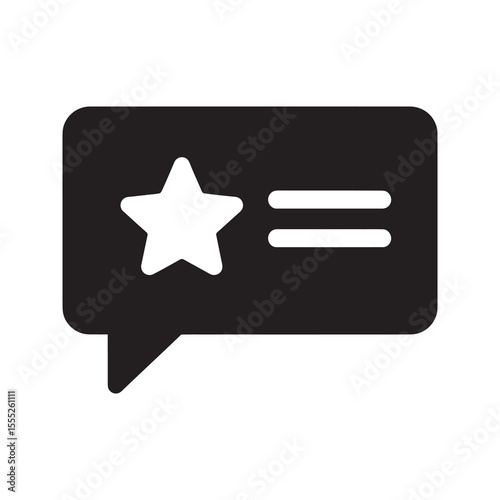 Review icon with star and text in a speech bubble for customer feedback and rating a testimonial comment for quality evaluation of a product vector solid glyph icon