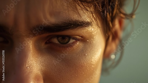 Close-up intense brown-eyed young man face with wet skin selective foc