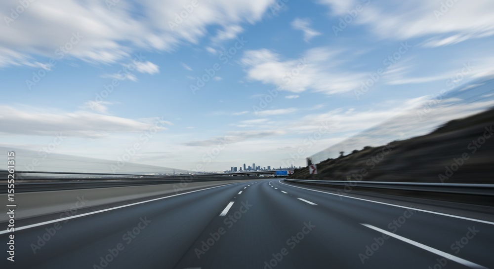 Fototapeta premium Blurred Highway Leading to City Skyline Under a Cloudy Blue Sky