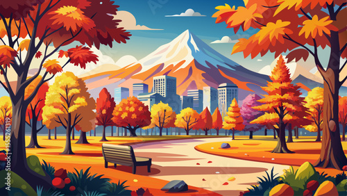 close up A tree-lined city park bursts with autumn color — red, orange, and yellow leaves blanket the ground.. Mount Hood appears snow-tipped in the distance under a crisp sky. The whole scene feels 