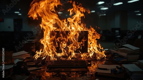 Flaming laptop computer engulfed in bright orange fire on wooden desk with books and dark office background, intense destruction, technology disaster, dramatic emergency scene