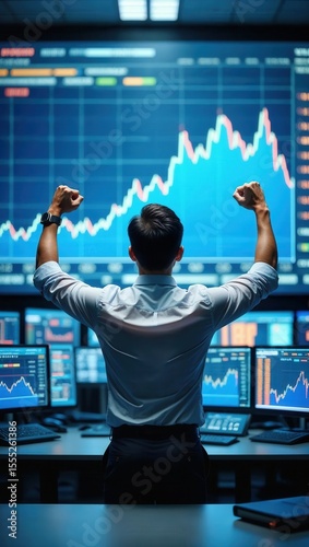 Financial analyst celebrating market success in front of screens displaying upward-trending stock market graph.