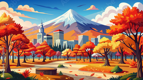 close up A tree-lined city park bursts with autumn color — red, orange, and yellow leaves blanket the ground.. Mount Hood appears snow-tipped in the distance under a crisp sky. The whole scene feels 