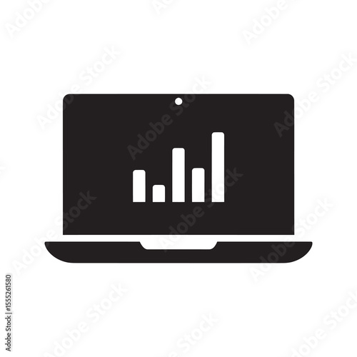 Business analytics icon with laptop showing data chart for financial report and marketing statistics dashboard for tracking performance and growth vector solid glyph icon