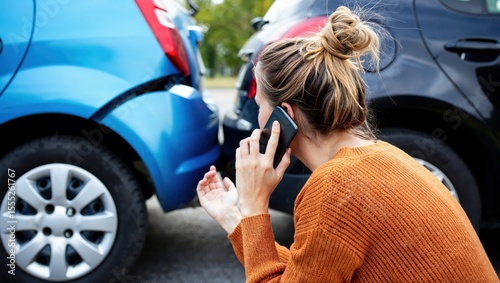 Woman making emergency call after minor car accident on suburban street. Emergency response, car accident aftermath.