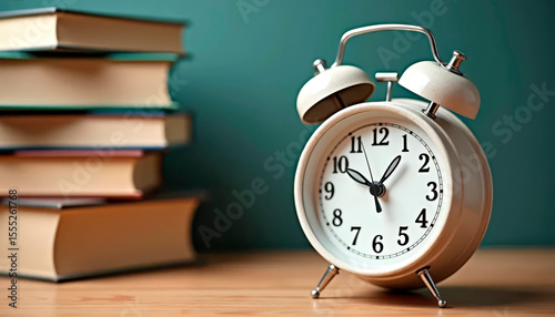 Alarm clock and stacked books. First day of school, new academic routine, fresh start, September.