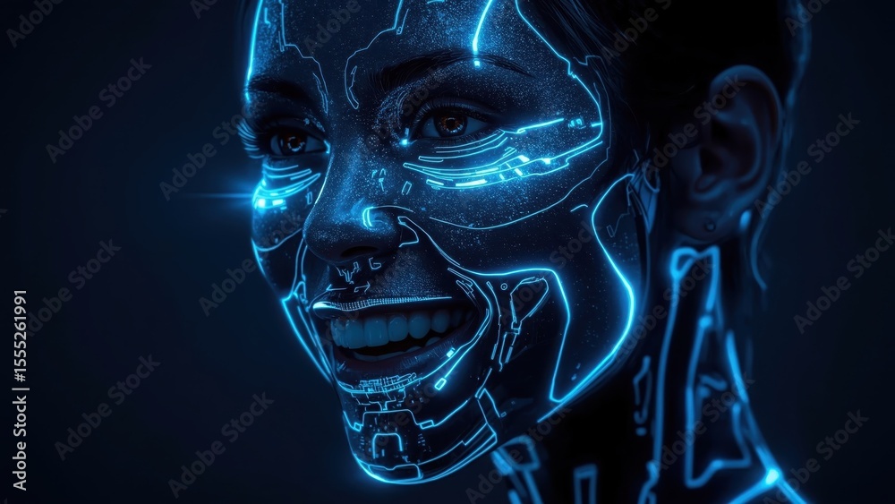 Fototapeta premium Futuristic robot woman with glowing blue circuits smiling, advanced technology concept, digital AI portrait for sci-fi, innovation, or tech backgrounds with dark high-tech ambiance