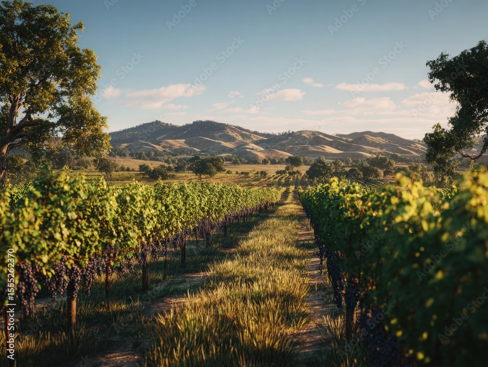 Naklejka premium Grape vineyard under sunny sky in countryside. Lush green vineyard with ripe grapes under a bright blue sky