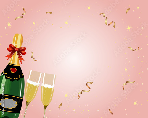 Postcard with champagne and confetti.Vector greeting card with sparkling wine in bottle and glasses on pink background with golden confetti.