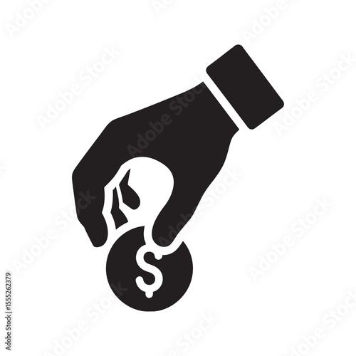 Donation icon with hand dropping a coin for charity and fundraising a concept for giving money and supporting a cause through contribution vector solid glyph icon