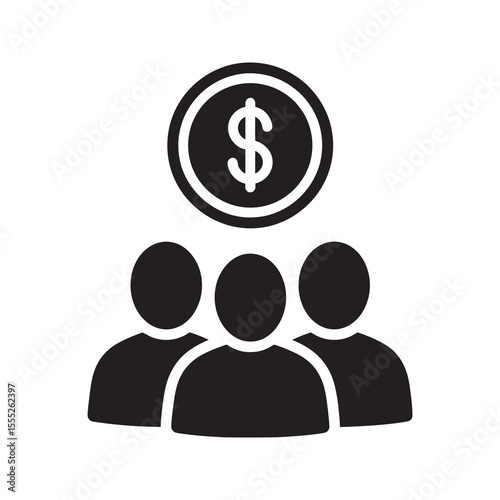 Crowdfunding icon with a group of people and money symbol for collective investment and fundraising a community supporting a business startup project vector solid glyph icon