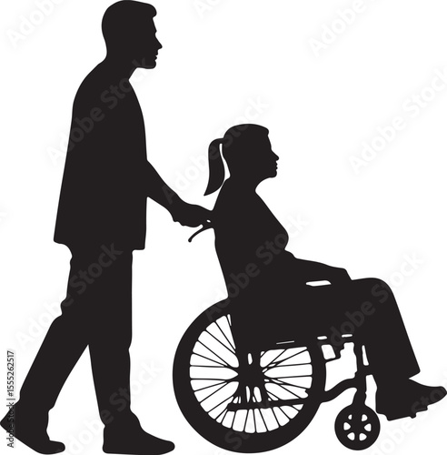 Black silhouette showing a man pushing a woman in a wheelchair, depicting assistance, disability, and inclusive care