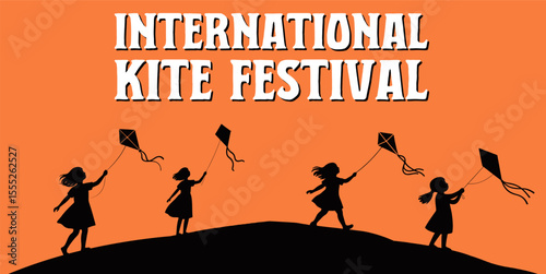 Celebrating International Kite Festival with silhouettes of children and colorful kites against a vibrant orange backdrop.