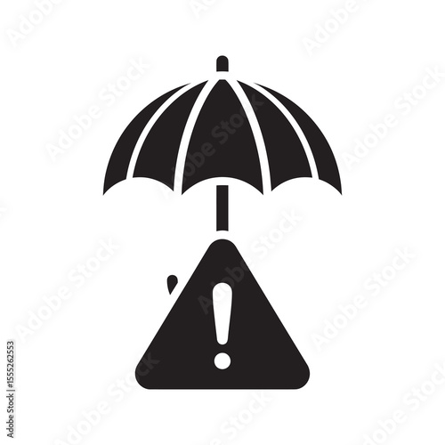 Risk management icon with umbrella and warning sign for financial protection and insurance a concept of safety and security against a threat vector solid glyph icon
