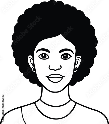 Vector illustration showcasing a woman's portrait with a bold afro hairstyle and minimalist line art on a white background.