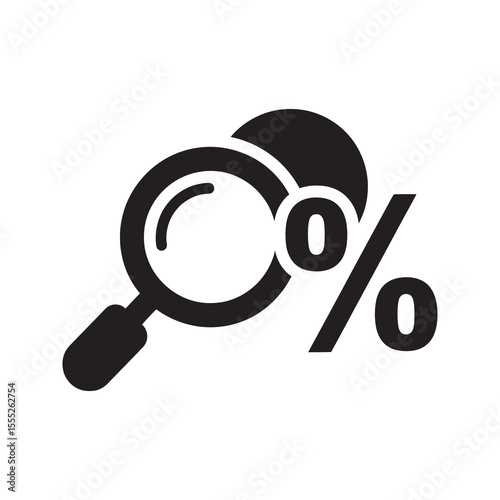 Discount analysis icon with magnifying glass and percent sign for sale research and promotion offer finding the best deal and price reduction vector solid glyph icon