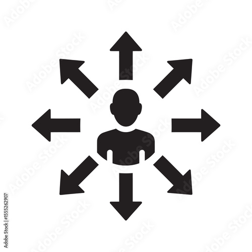 Influence marketing icon with person and arrows for distribution and reach a concept of network outreach and spreading a message or idea vector solid glyph icon